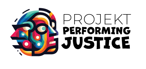 Logo projektu. Abstrakcyjna, kolorowa grafika z widocznymi twarzami.  napis projektu performing justice